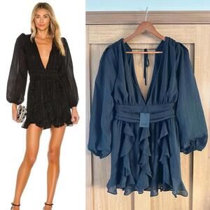 NWT NBD Revolve Anya Mini Puff Sleeve Dress in Black Metallic Women’s size Small